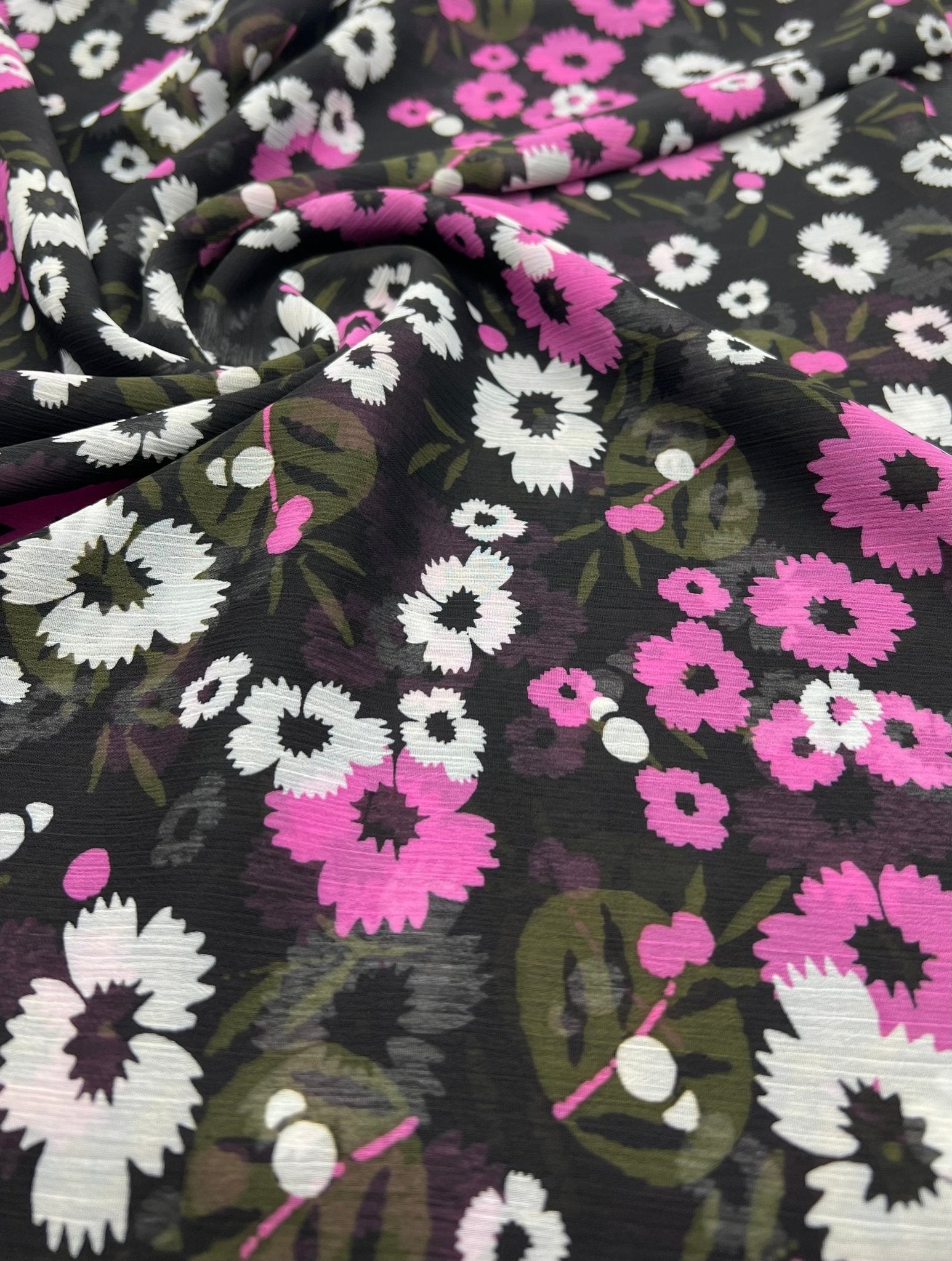 Black Pink White Floral Printed Chiffon Dress Fabric - T9 Fabrics